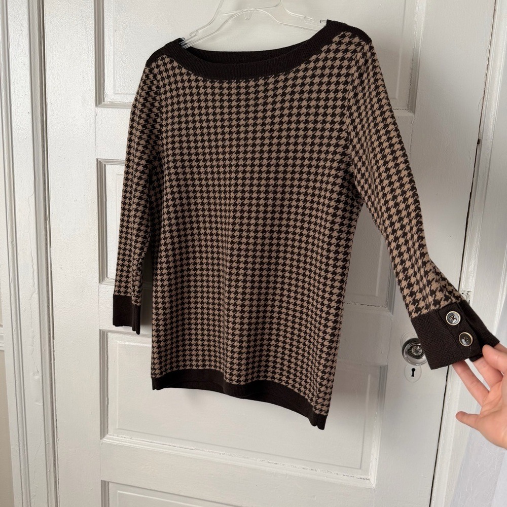Talbots Merino Wool Brown Houndstooth Sweater‎ Boat Neck Preppy Classic Office M - Picture 5 of 14